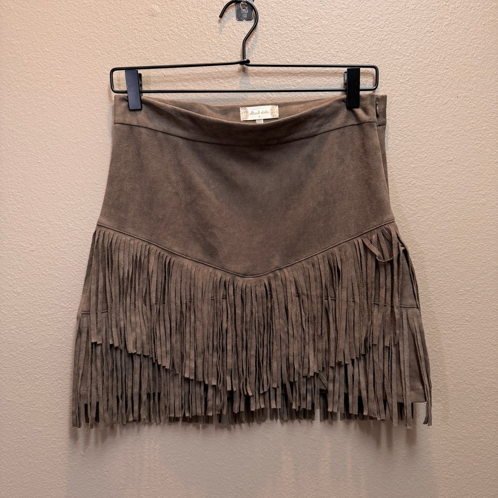 Altar'd State Faux Suede Fringe Mini Skirt Taupe Brown Western Boho Large